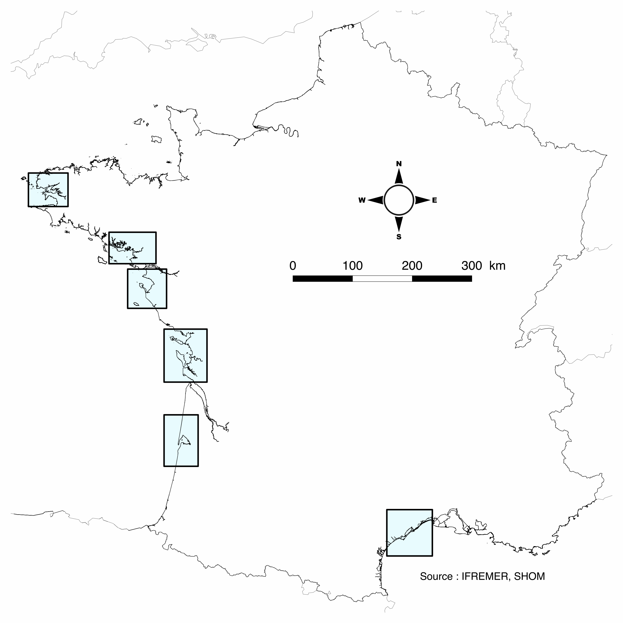 Location of the different Velyger sites along the French coast