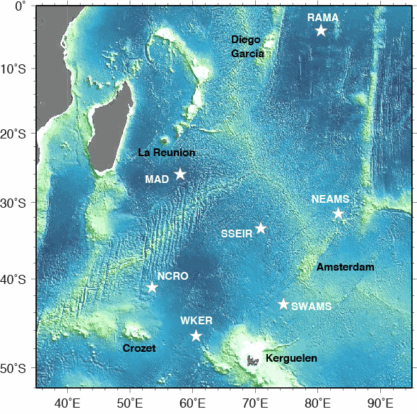 Layout of the OHASISBIO hydroacoustic stations (stars) in the Southern Indian Ocean