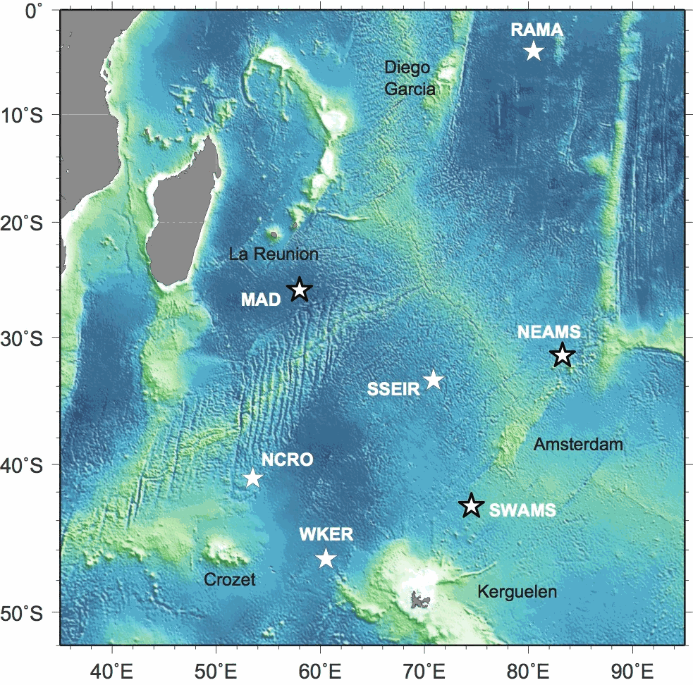 Layout of the DEFLOHYDRO (stars with black contour) and OHASISBIO hydroacoustic stations (all stars) in the Southern Indian Ocean