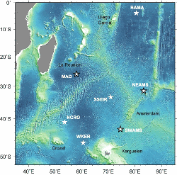 Layout of the DEFLOHYDRO (stars with black contour) and OHASISBIO hydroacoustic stations (all stars) in the Southern Indian Ocean