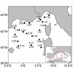 Sampling sites (Leg-Station) of the MOOSE-GE cruises (see Table 1 for locations of the two samples from the Atlantic Ocean), ● sites sampled in 2017 and ▲ sites sampled in 2018