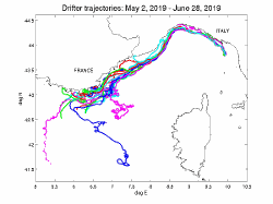 Drifter trajectories deployed in La Spezia (Italy) on May 2, 2019. (Dataset preview by CNR-ISMAR, La Spezia, Italy)