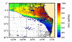 Distribution of CTD-O profiles in the eastern South Pacific obtained from the World Ocean Database 2013 (1928-2013, black dots), the International Argo Program (2000-2018, blue dots) and Argo data available from the Chilean community (2005-2011, red dots). The background color represents the distribution of the climatological (time-mean) thickness of the oxygen minimum zone (OMZ) from the World Ocean Atlas 2013 product. The blue line indicates the horizontal or offshore climatological boundary of the OMZ (Dissolved Oxygen concentration = 1 ml L-1).