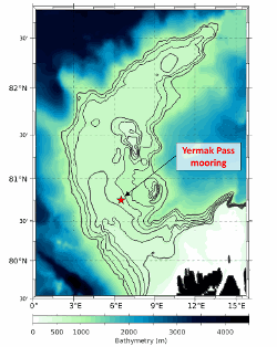 Location of the Yermak Pass mooring (red star), equipped with a SBE37 CTD sensor. IBCAO bathymetry is in background color. Isobaths are plotted in black contours every 100 m between 500 and 1000 m depth.