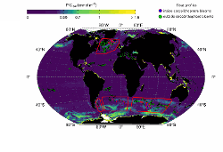 The map reveals locations of float profiles inside and outside coccolithophore blooms detected by satellites. The background map is the summer climatology (2012-2018) of satellite [PIC] for each hemisphere. Red polygons are the regions where have been reported most of the float profiles inside coccolithophore blooms.