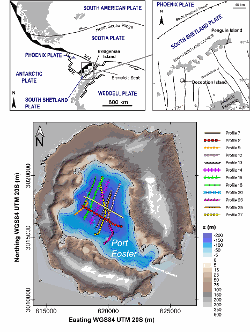 (top) Simplified regional tectonic map and location of the South Shetland Islands and Deception Island. HFZ (Hero Fracture Zone), SFZ (Shetland Fracture Zone). (bottom) Deception Island orthophotomap with bathymetric data and the location of the seismic profiles included in the dataset.