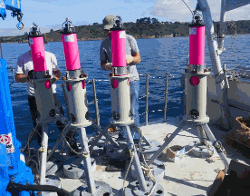 The 4 Canopus acoustic beacons in their fancy pink sleeves, mounted on tripods
