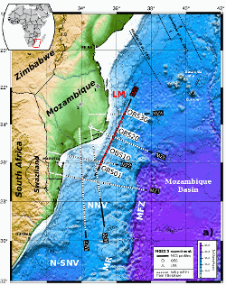 Map of PAMELA MOZ3-5 seismic experiment offshore southern Mozambique. MZ3 profile is highlighted in red.