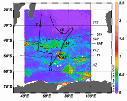 OISO-29 cruise transect with the locations of the five stations (2, 11, A3, 14 and 16) where bioassay experiments were performed, and satellite-derived chlorophyll-a concentration (µg.L-1) averaged over January 2019 (MODIS). The position of major fronts was determined from satellite-derived temperature data (January 2019, MODIS): STF: subtropical front (18 °C), SAF: subantarctic front (13 °C) and PF: polar front (5 °C). Fronts delimit the STZ: subtropical zone, SAZ: subantarctic zone, PFZ: polar front zone and AZ: Antarctic zone. Figures were produced using Ocean Data View (Schlitzer, 2021).