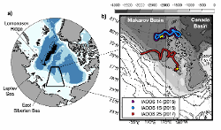 (a) Pan-Arctic view, with the black box delineating the area shown in panel (b). Platforms trajectories of  IAOOS 14 (purple), IAOOS 15 (black) and IAOOS 25 (red). Yellow stars indicate the starting point. IBCAO bathymetry is in greyscale.