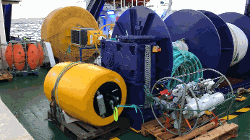 ESTOC surface buoy, sensor frame at 150m depth and EGIM  (bottom right) before deployment 