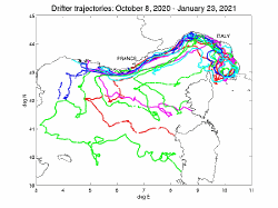 CARTHE drifter trajectories deployed in Livorno (Italy) on October 8, 2020. (Dataset preview by CNR-ISMAR, Lerici, Italy)
