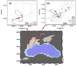 Maps of the survey areas. At the bottom a large map of the Black Sea, and at the top two maps of the shallower site (SS, left) and deeper site (DS, right) with the trajectories of the vessel for the profiles of interest for this work. VP are vertical and HP are horizontal near-surface profiles in the water. During the vertical profiles the position of the vessel was drifting due to water current. Red dots are the locations of flares identified during the survey by the echosounder, with the size proportional to the strength estimated from the acoustic signature.