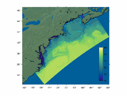 ROMS model domain showing 4D-Var sea surface salinity analysis on 2014-05-16. The cyan contour shows the 100-m isobath.