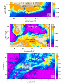 VMP profiles available in this dataset:  a)  VAD 2013 cruise along the  French continental slope, b) MEDOCC 2014 cruise in the Tyrrhenian and Sicily Channel, c) MoMAR 2021 cruise on the Mid-Atlantic Ridge