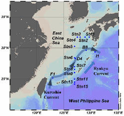 Sampling locations in the East China Sea during the KS-15-6 and KH-15-3 cruises