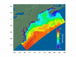 ROMS model domain showing 4D-Var sea surface salinity analysis on 2018-02-15 showing the intrusion of salty Gulf Stream Ring water into the Gulf of Maine.