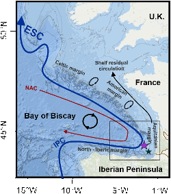 The modern oceanographic configuration in the Bay of Biscay.